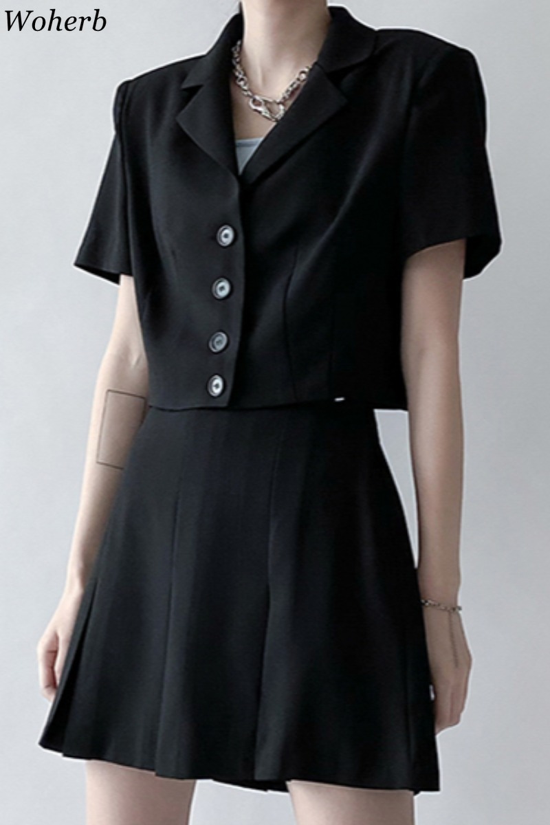 Korean Black Suit 2 Piece Set Women Short Sleeve Coat Rops Slim Mini Skirt Femme Roupas Office Lady Two 210519