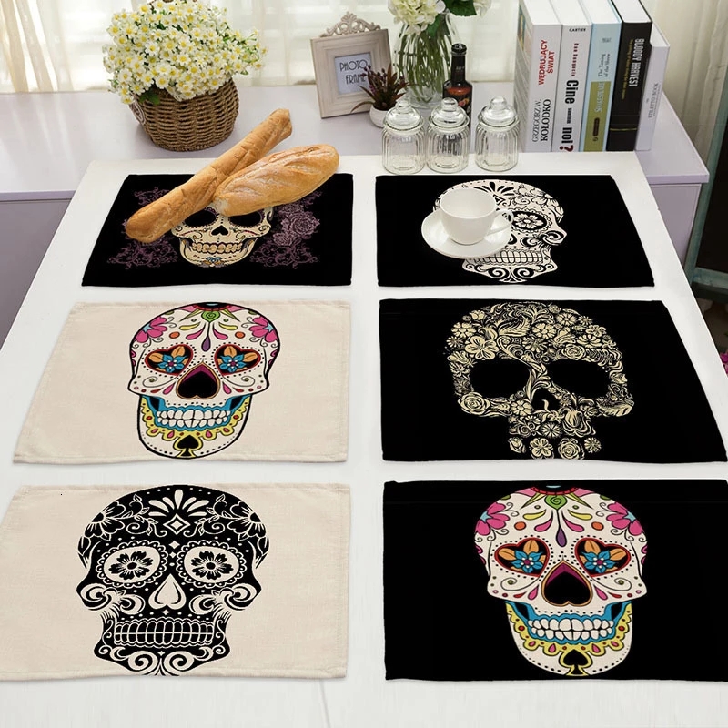 Skull Pattern Placemat Dining Table Mats Drink Coasters Cotton Linen Cup Pads 42*32cm Kitchen Accessories Decoration от DHgate WW