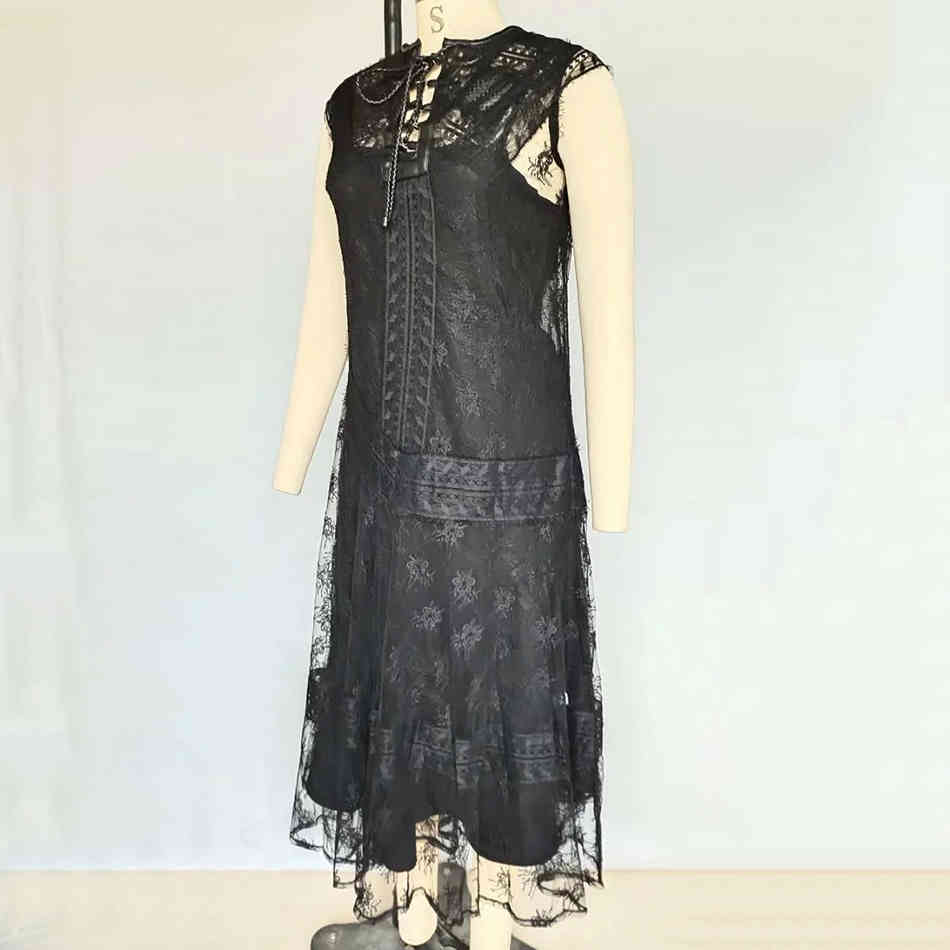 Black Lace Summer Fashion Party Vestidos Ladies Round Neck Embroidery Openwork Long Sexy Dress 210525