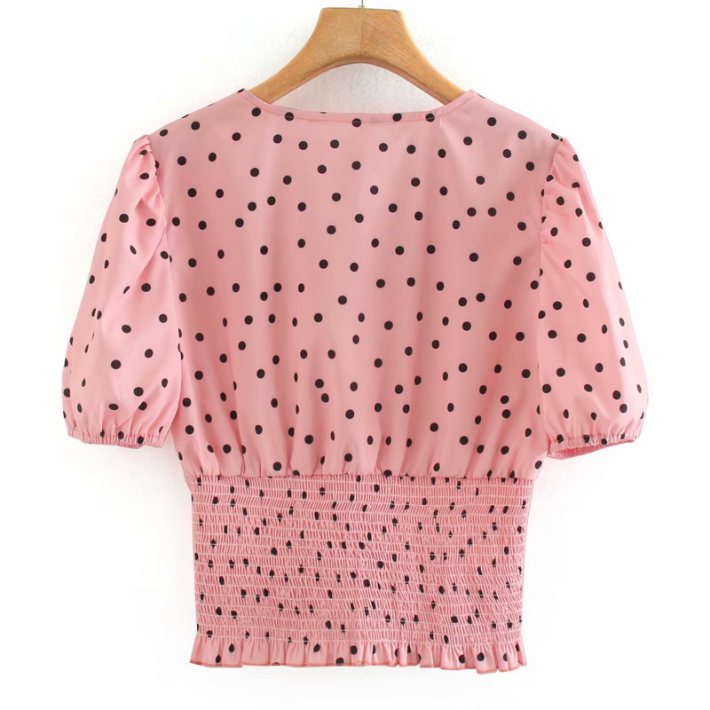 Retro V-neck Slimming Pleated Pink Dot Short Sleeve Chic Female Shirt Harajuku Sweet Navel Casual Holiday Party Women's Tops 210507