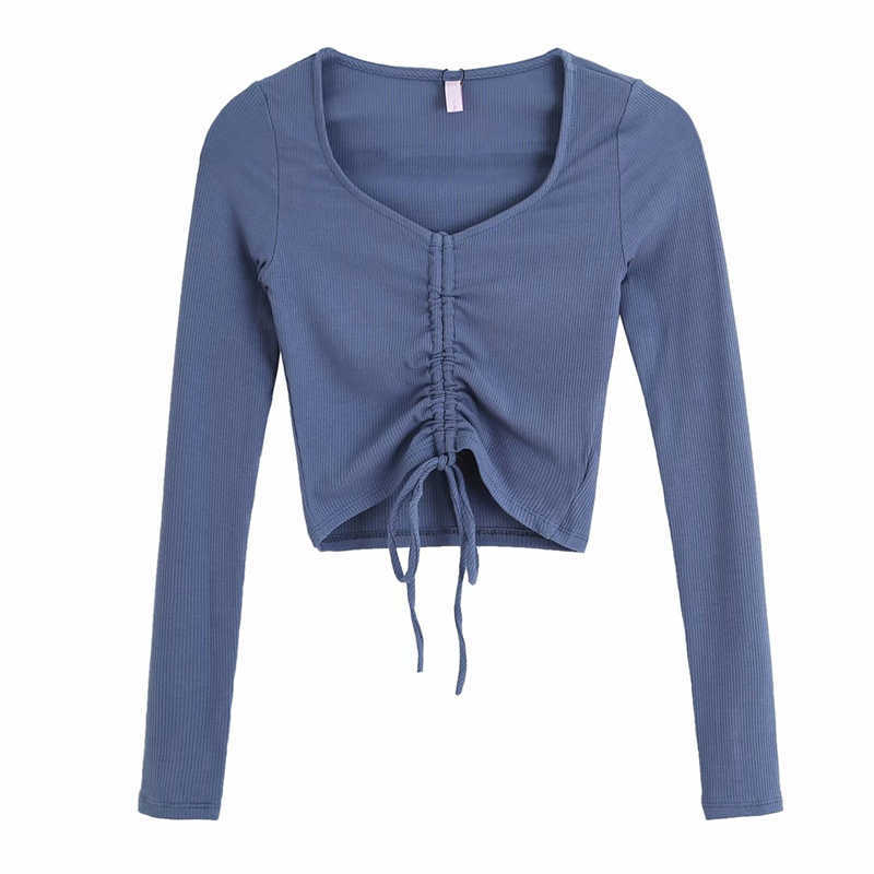 Sexy Women Sweet V-Neck Short Shirts Fashion Ladies Drawsting Knitted Tops Elegant Female Chic Solid Blouses 210527
