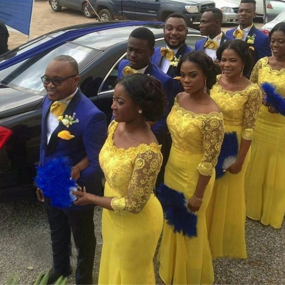 2021 Yellow Mermaid 3/4 Sleeves bridesmaid dresses Appliques Wedding Party Dress for Women's Chiffon African Bridesmaid Dresses