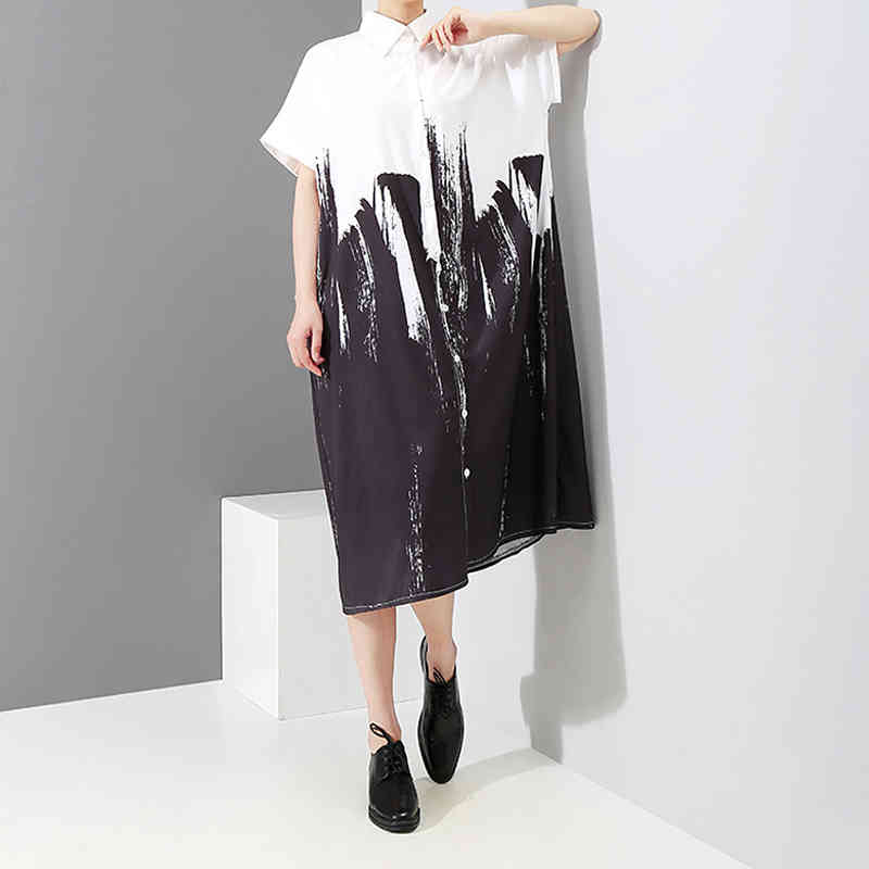 Painting Style Long Sleeve Woman Black And White Printed Shirt Dress Tie-Dyed Plus Size Midi Ladies Casual Dress Robe Femme 3400 210409