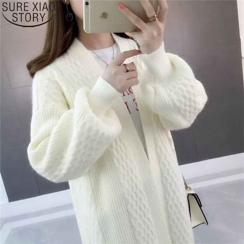 Puff Sleeve Loose Knitted Sweater Fall Women Cardigan V-neck Jacket Coat Clothes Female Casaul Knitwear Tops 10879 210506
