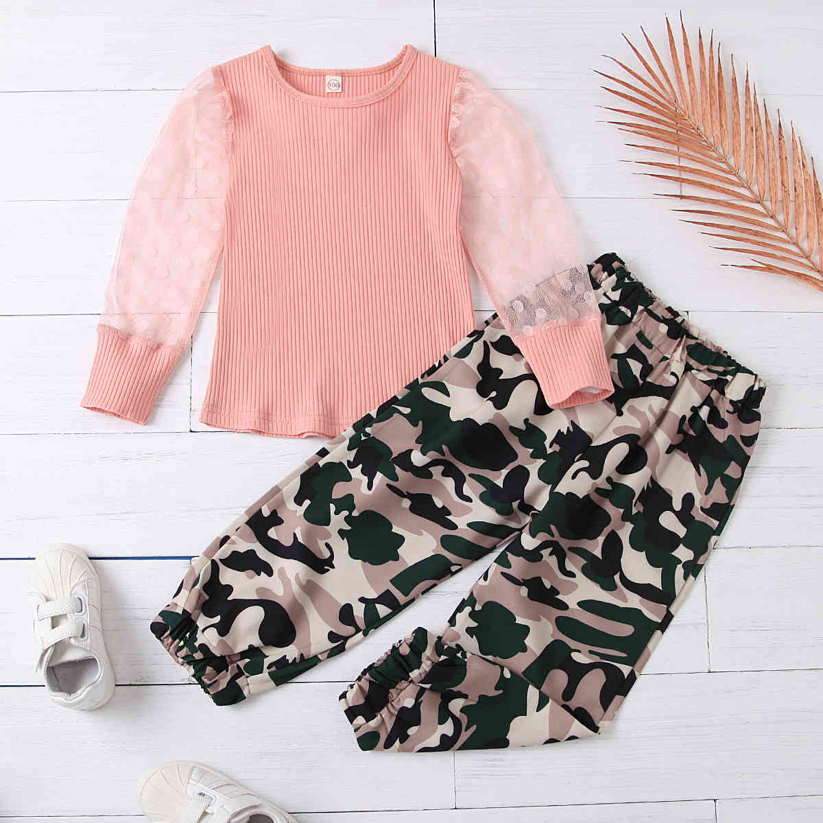 1-6Years Fashion Spring Autumn Toddler Kid Girl Child Clothes Set Knitted Mesh Long Sleeve Tops Camo Pants Outfits 210515