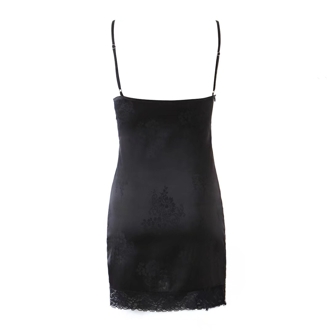 Sexy Spliced Lace Jacquard Bright Satin Sling Dress Woman Vintage Spaghetti Strap Bodycon Like Silk Short Base Black 210429