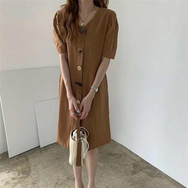 Korean Chic Retro Slim Fashion OL Women Brief High Waist V-neck Office Lady Cotton Linen Long Dresses 210421