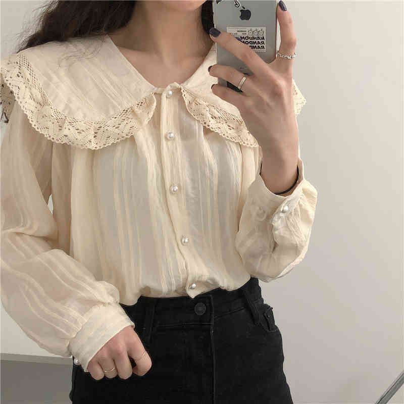 Comelsexy Retro Vintage Lace Blouses Solid Chic Office Lady French Elengant Sweet Female Shirts Tops 210515
