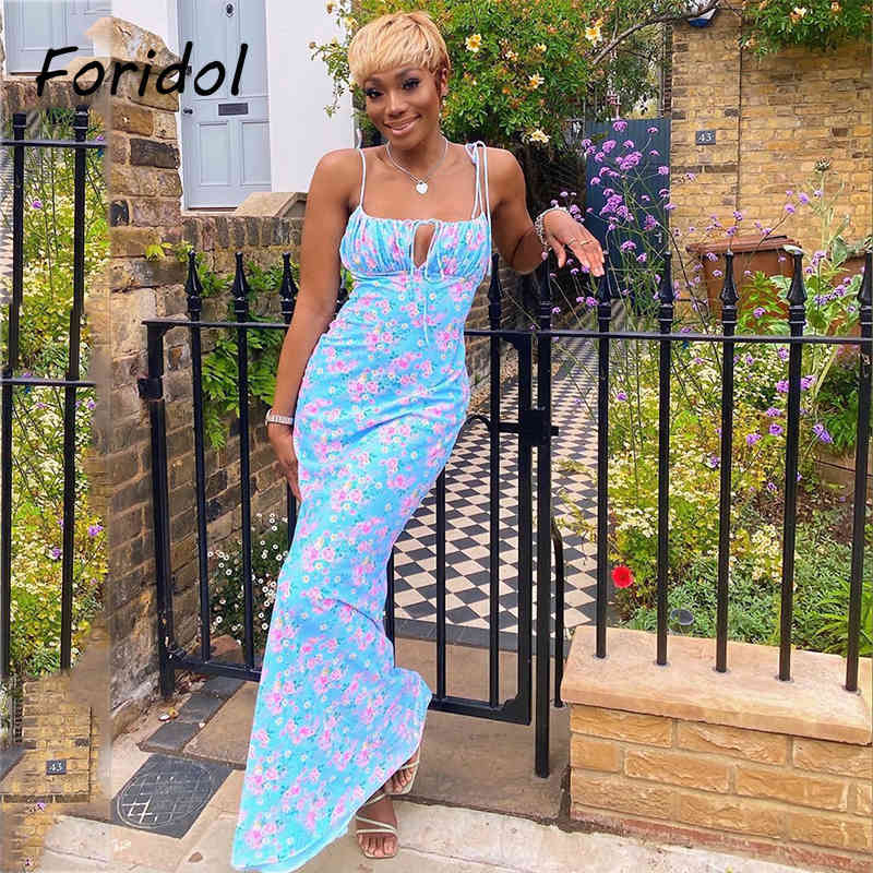 Foridol Floral Print Summer Dress Strap Lace Up Sleeveless Blue Long Beach Boho Bodycon Pary French 210415