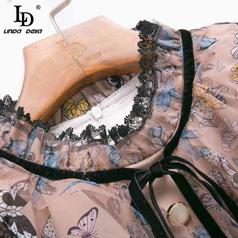 Designer Summer Women Black Sexy Lace Transparent Long Sleeve Ruffles Fashion Cartoons Print Vintage Mini Dress 210522