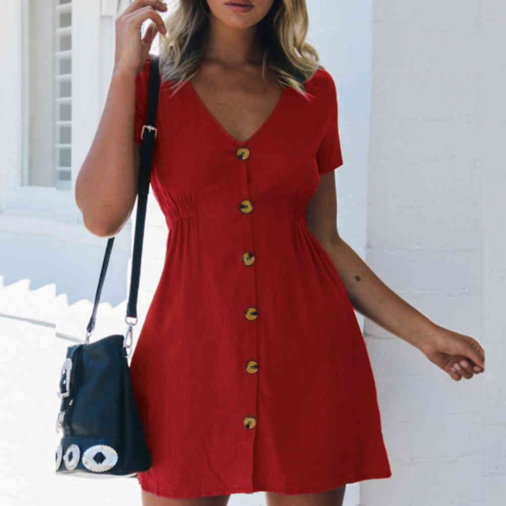 Women's Dress Spring/Summer Pure Color Single Row Buttons V-Neck Dress Women Slim High Waist Casual Dress Vestido 210331Z