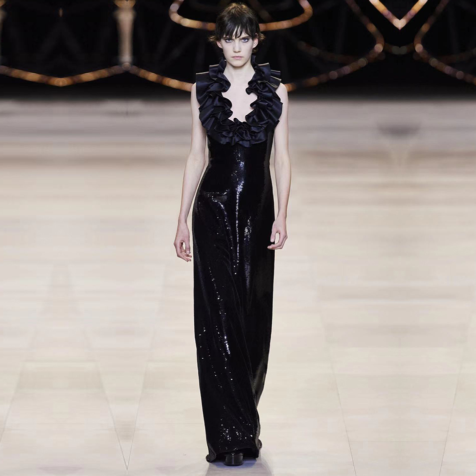 Summer Women Fashion Blue Ruffles V Neck Sequins Maxi Dress Sexy Sleeveless Floor Length Evening Club Party 210423