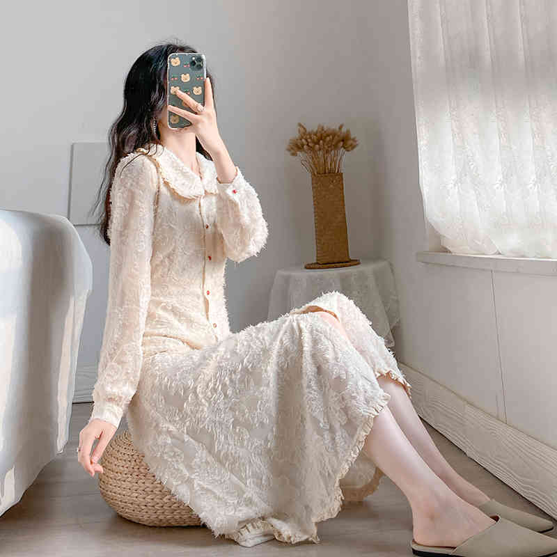 Spring French Vintage Sweet Dress Women Doll Collar Single Breasted Button high waist vestido feminino 12914 210506