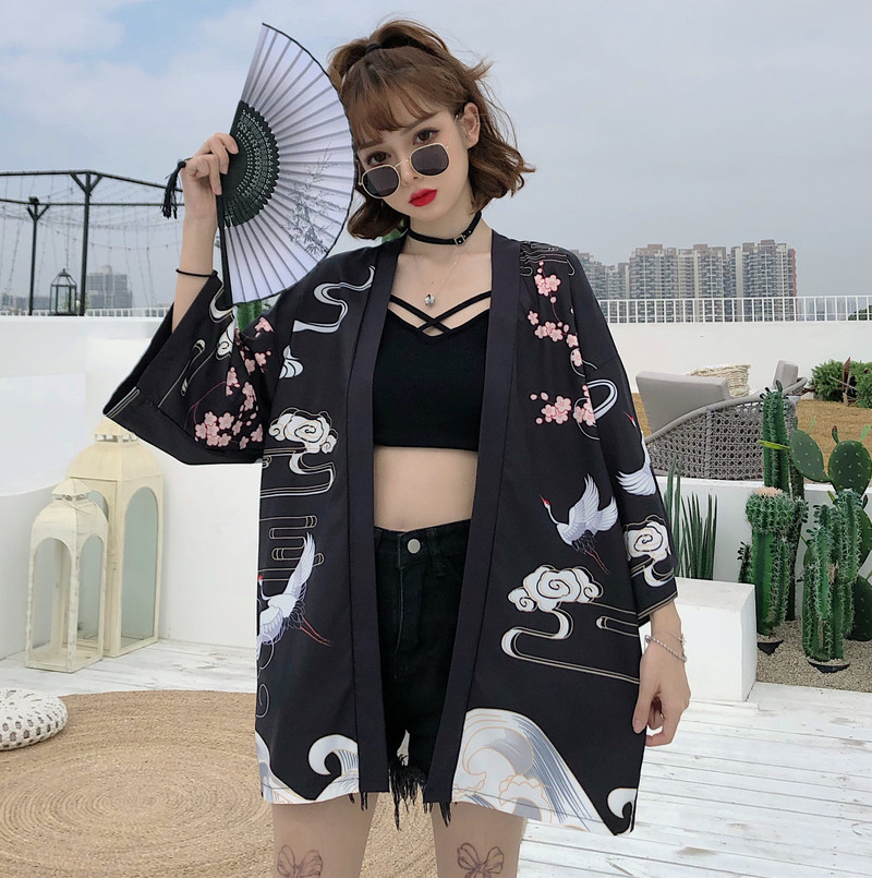 Yukata Female Kimono Cardigan Shirt Harajuku Crane Prtint Blusas Woman Blouse Obi Haori Japanese Streetwear Summer 210519