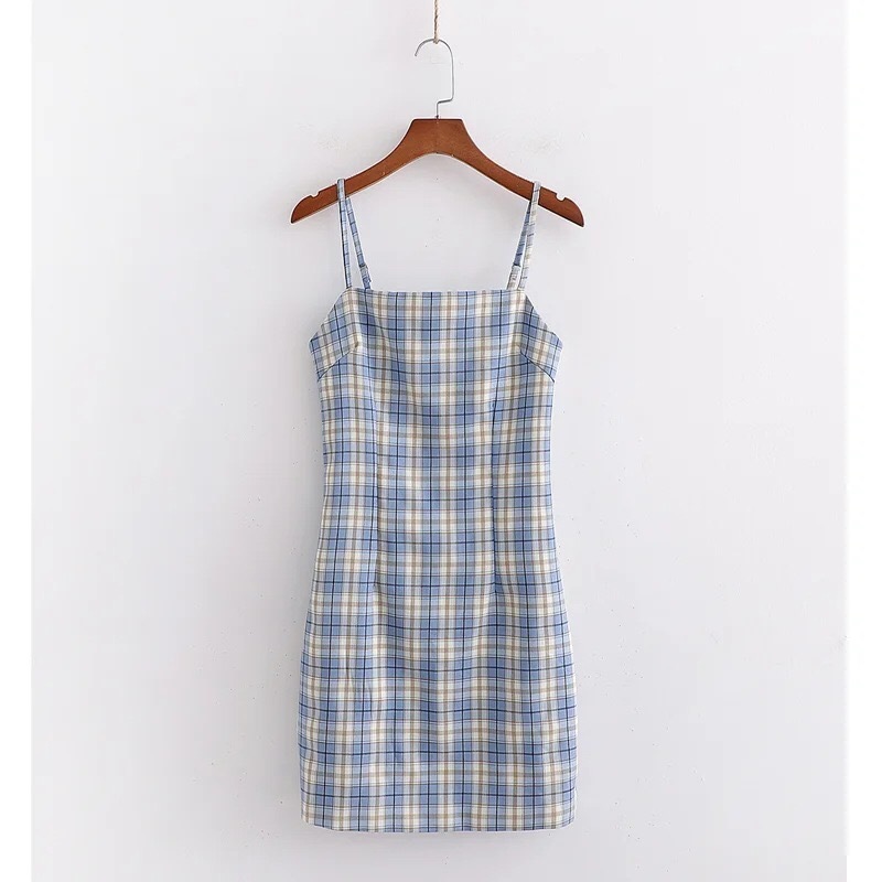 Women BLUE White Gingham Check Plaid Spaghetti Strap Mini Dress Girl's Slash Collar Slim Waist Sling Short Dresses Vintage 210429