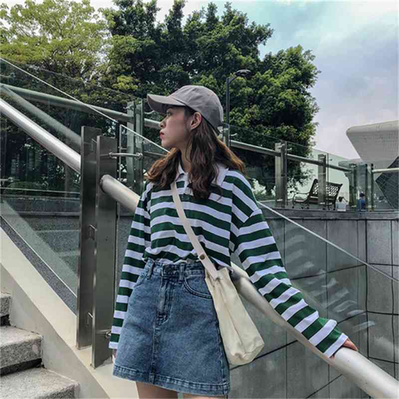 Loose Casual Vintage Striped All Match College Wind Long Sleeve Turn Down Collar Female Women Basic T-shirts 210406