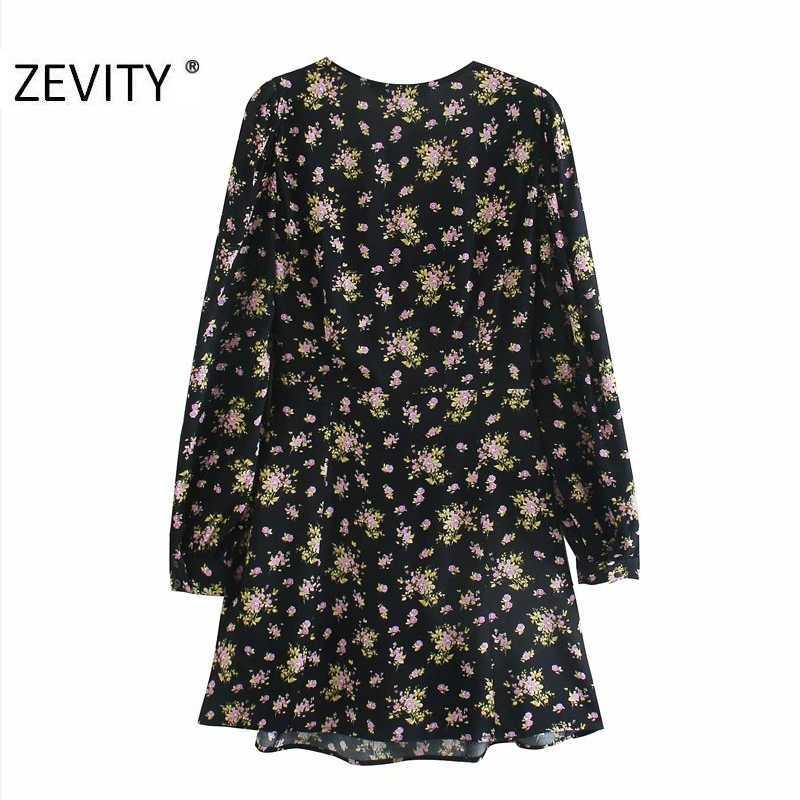 ZEVITY Women Vintage Pleats Square Collar Floral Print Side Zipper dress Ladies Puff Sleeve Business Vestido Chic Dresses DS4519 210603