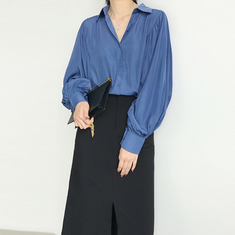 Spring Summer Korea Fashion Women Loose Lantern Sleeve White Shirts Silk Quality Turn-down Collar Casual Blouse Female Tops S452 210512