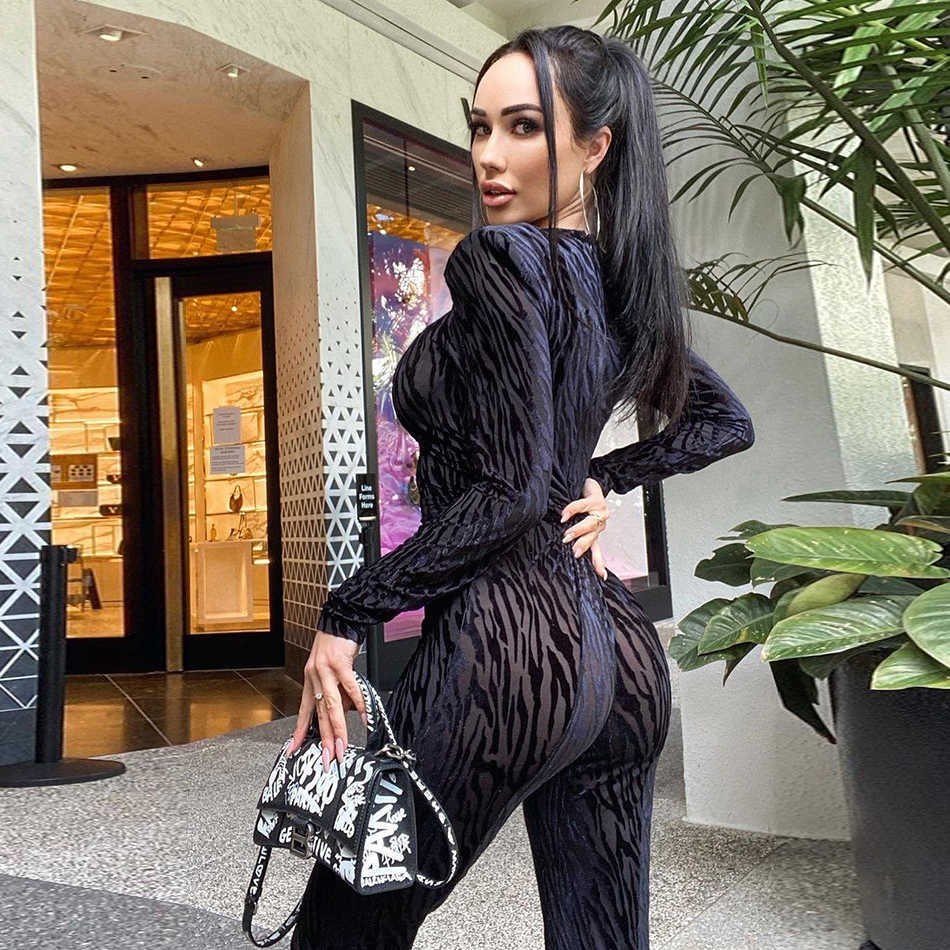 Fashion Black Sexy Long-Sleeved Printed High-Neck See-Through Jumpsuit Elegant Ladies Party Wear Tights 210527