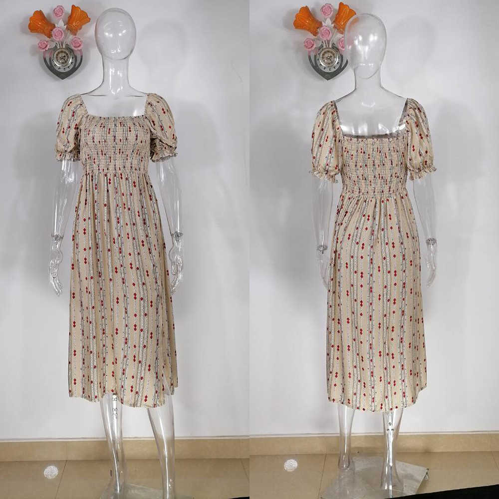 Vintage Short Sleeve Midi Dress Women Summer Fashion Casual Woman Off Shoulder Slim Print Office Ladies Dresses Elegant 210630