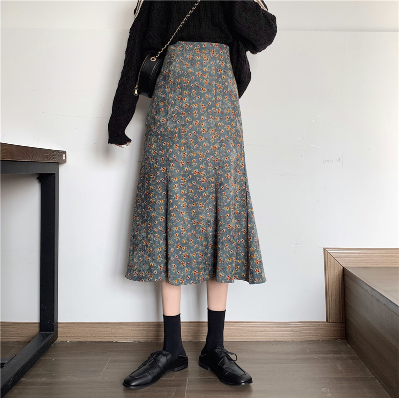 Nomikuma Corduroy Floral Women Mermaid Skirt Korean High Waist Elegant A-line Skirts Autumn Winter New Faldas Mujer 6C992 210427