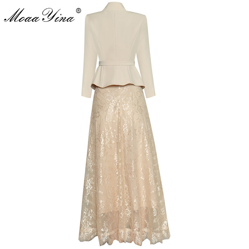 Fashion Set Spring Women's V-neck Long sleeve Single-breasted Tops+Lace skirt Elegant Two-piece set 210524