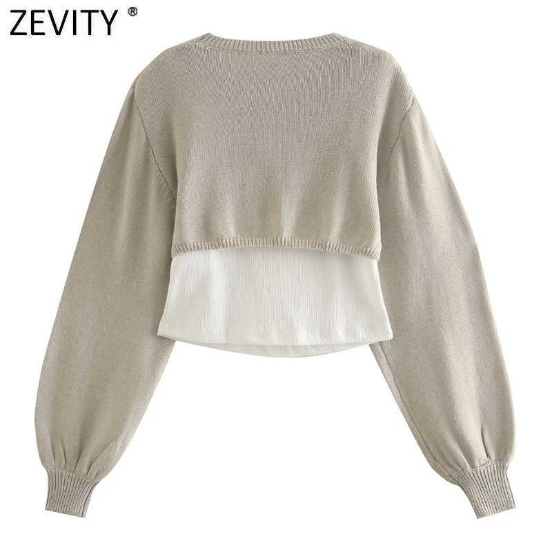 Zevity Women Fashion O Neck Two Pieces Patchwork Knitting Sweater Ladies Lantern Sleeve Casual Slim Chic Pullovers Tops S516 210603