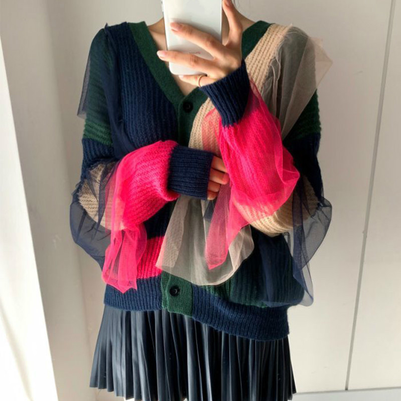 Nomikuma Mesh Ruffle Patchwork Sweater Coat Causal V-neck Hit Color Knitted Cardigan Autumn Winter Korean Knitwear 6D266 210427