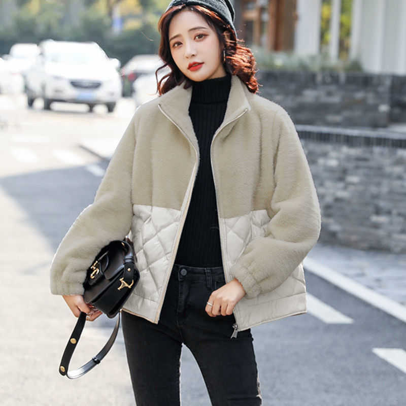 Women Loose Lightweight Short Parkas Jackets Lady Winter Patchwork Lambswool Jacket Female Cotton Padded Warm Faux Plush Outwear 210526