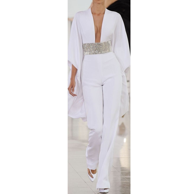 Women Jumpsuit Deep V Neck Flare Sleeve Long Rompers Womens Sequined Spliced Temperament s XL 210513