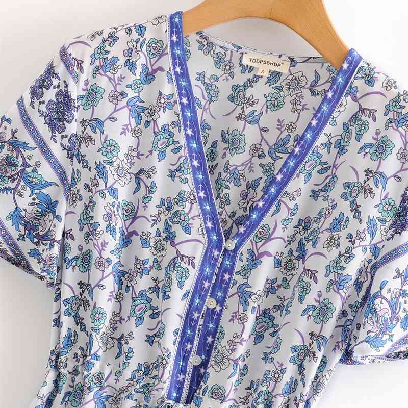 beauty Fashion Boho Style Floral Print Midi Dress Women Holiday Chic V-neck Single Breasted Summer Dresses Female 210514