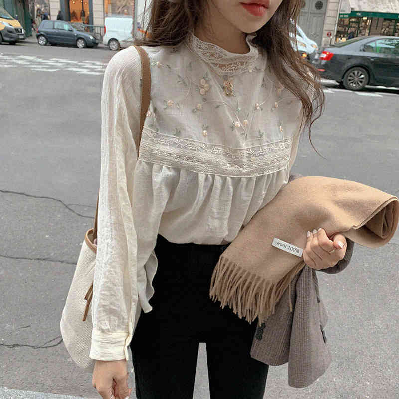 Alien Kitty Elegant Lace Stand Collar Blouse Shirt Sexy Hollow Out Floral Embroidery Feminine Blouses Women Long Sleeve Tops 210401