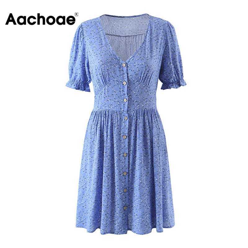 Aachoae Bohemian Floral Print Mini Dress Women V Neck Summer Beach Dress Ruffle Short Sleeve A-line Buttons Casual Dresses 210630