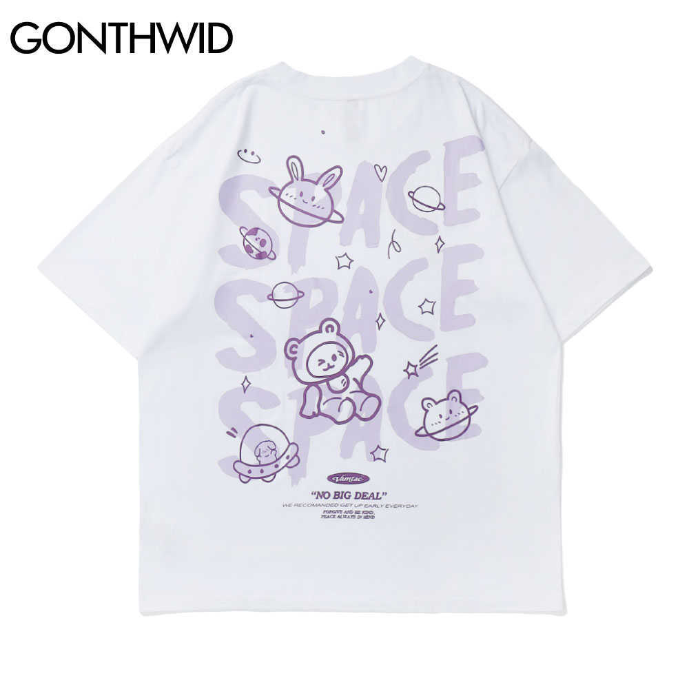 GONTHWID Harajuku Tshirts Cartoon Bear Rabbit Space Short Sleeve Tees Shirts Streetwear Hip Hop Fashion Casual Cotton Loose Tops 210726