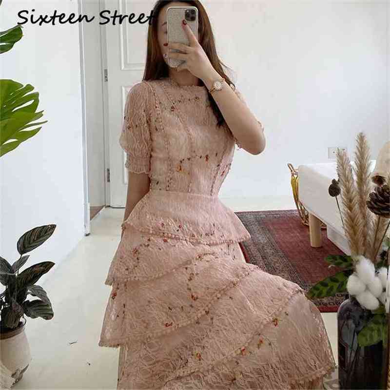 Woman Dress Pink Lace Mesh Embroidery Patchwork Short Sleeve O-neck Elegant Party Ball Gown Female Spring 210603
Woman Dress Pink Lace Mesh Embroidery Patchwork Short Sleeve O-neck Elegant Party Ball Gown Female Spring 210603
