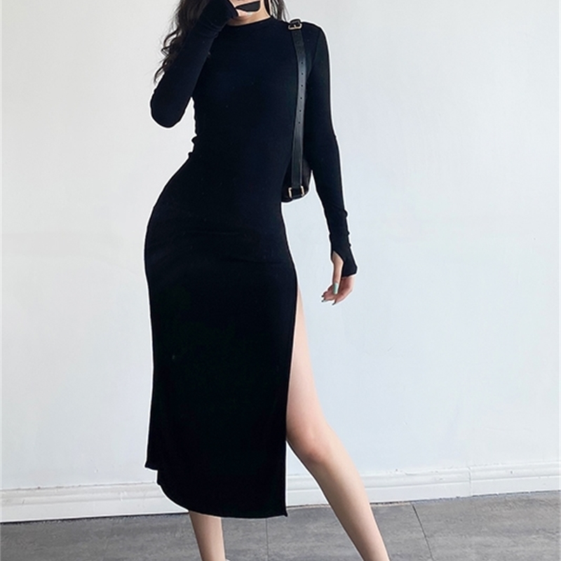 WOMENGAGA Elasticity Skinny Slim Sexy Split Dress Full Sleeve Hip-wrapped Mid-Calf Solid Color Sheath Long Dressees V7OR 210603