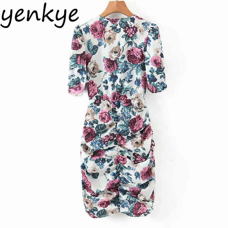 Vintage Floral Print Draped Bodycon Dress Women Short Sleeve V Neck Sexy Mini Dress Summer Casual Party vestidos mujer XQB623 210515