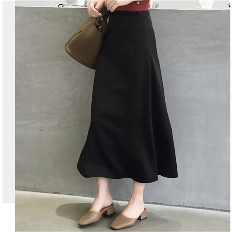 Vintage Solid High Waist Retro Skirt Satin Female Streetwear Plus Size Fashion OL Elegant Long Skirts 210421