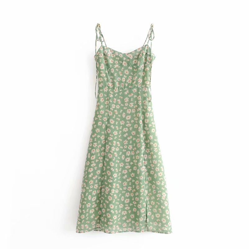 French Summer Green Flower Print Bandage Spaghetti Strap Slit Long Dress Retro Sexy Women Lacing Up Sling Dresses Vestido 210429