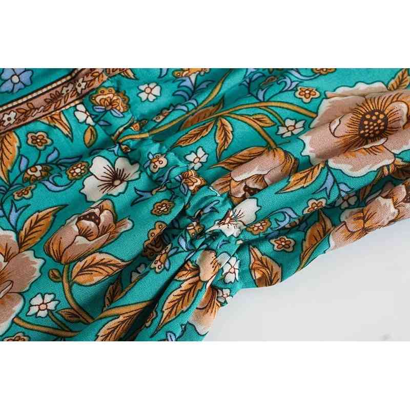 Green Contrast color Floral print Summer BOHO Dress Holiday Woman Lace up Adjust Waist Button Short Sleeve Mini Dresses Beach 210429