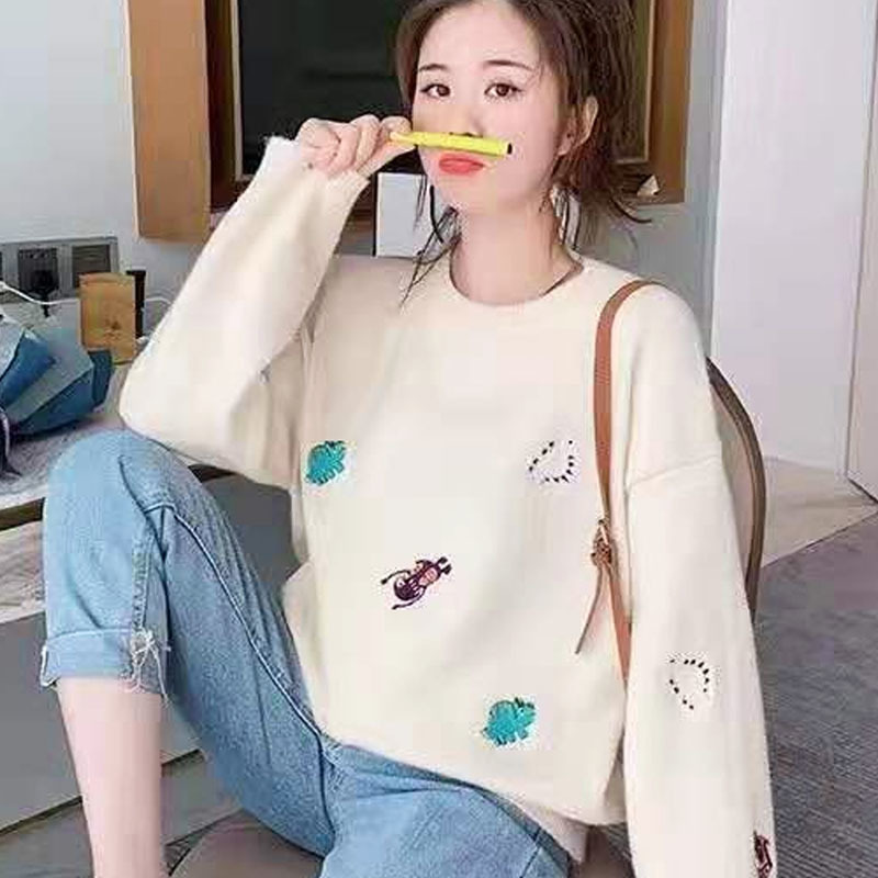 Autumn and Winter Fashion Women Sweaters Loose Pullovers Embroidery Sweater Long Sleeve O-neck Knitted Sweater 6028 50 210518
