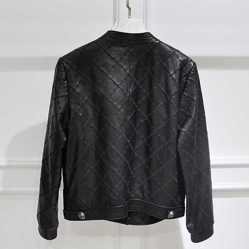 Womens High Quality Short Slim Genuine Leather Jackets Office Lady Single Breasted Diamond Lattice Design Sheepskin Coat Women's & Faux