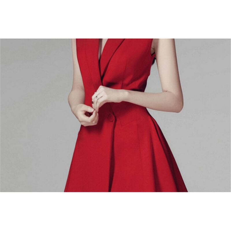 Elegant Notched Neck Double Breasted Women Blazer Dress OL Style High Waist Red Vestidos Femme 210520