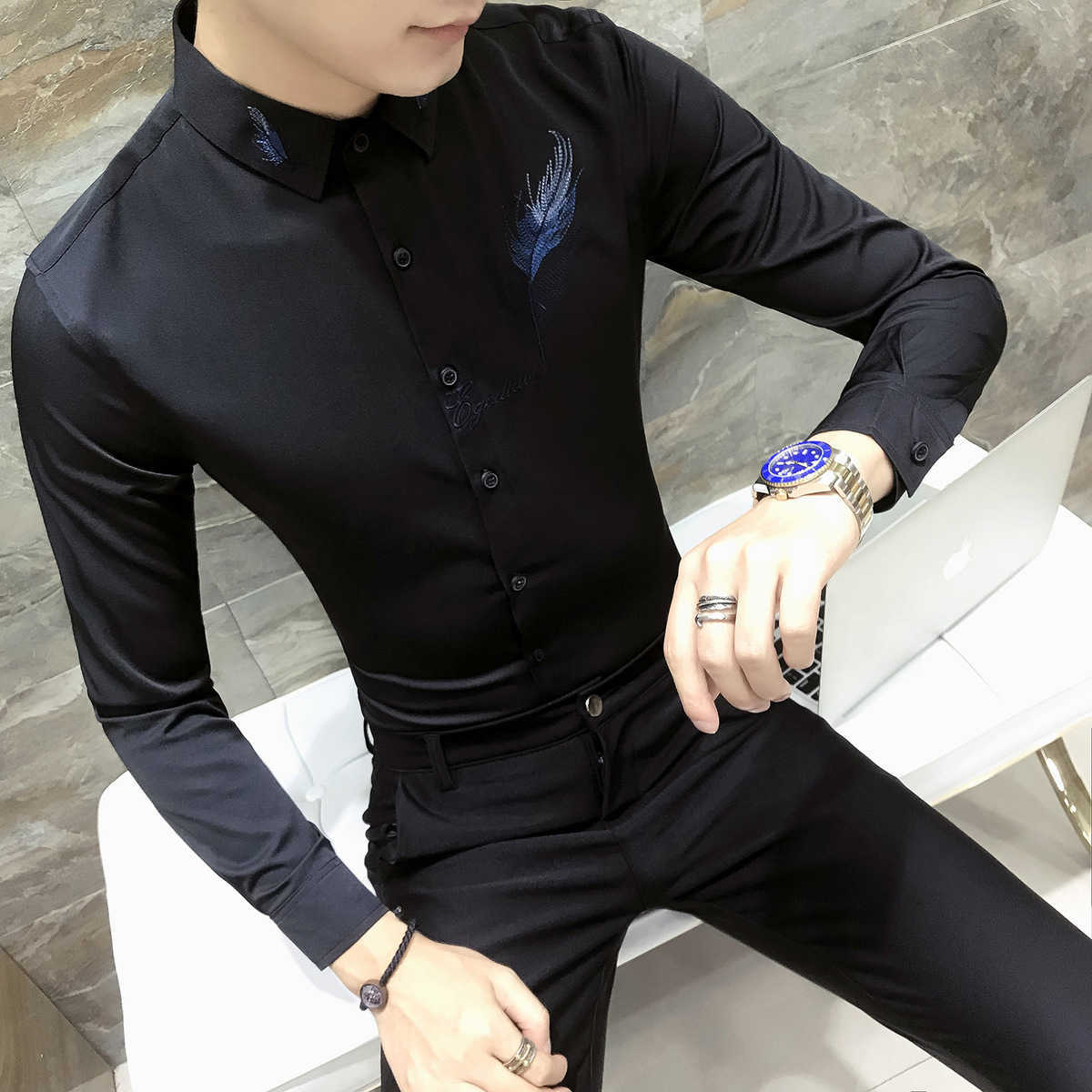 Fashion Shirt Men Party Mens Dress Shirts Long Sleeve Camisa Social Masculina Men Black White Embroidery Club Shirts 210527