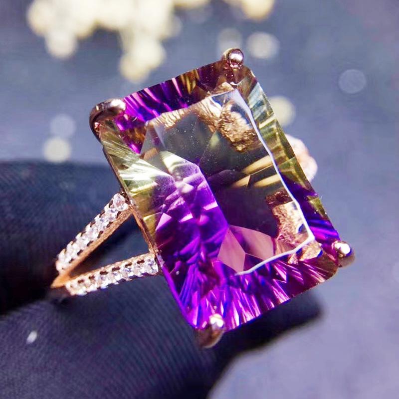 Cluster Rings Ametrine Big Ring Per Jewelry 10*14mm 7.5ct Colorful Rectangle Gemstone 925 Sterling Silver Fine J292214, Golden;silver