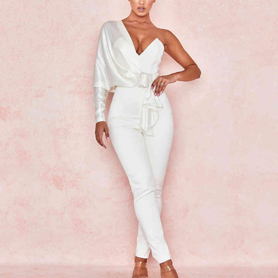 Winter Women'S Jumpsuit Sexy One-Shoulder Long-Sleeved V-Neck Crystal Buckle Vestidos Club Party 210525