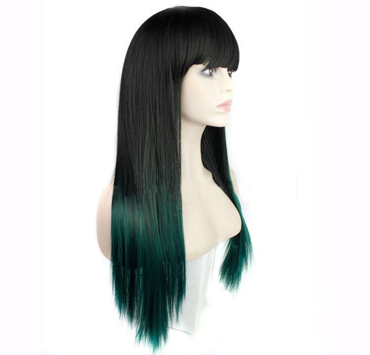 New Fashion Long Straigh Black Ombre Green Synthetic wig with Qi Bangs women's Hair wigs for life Cosplay