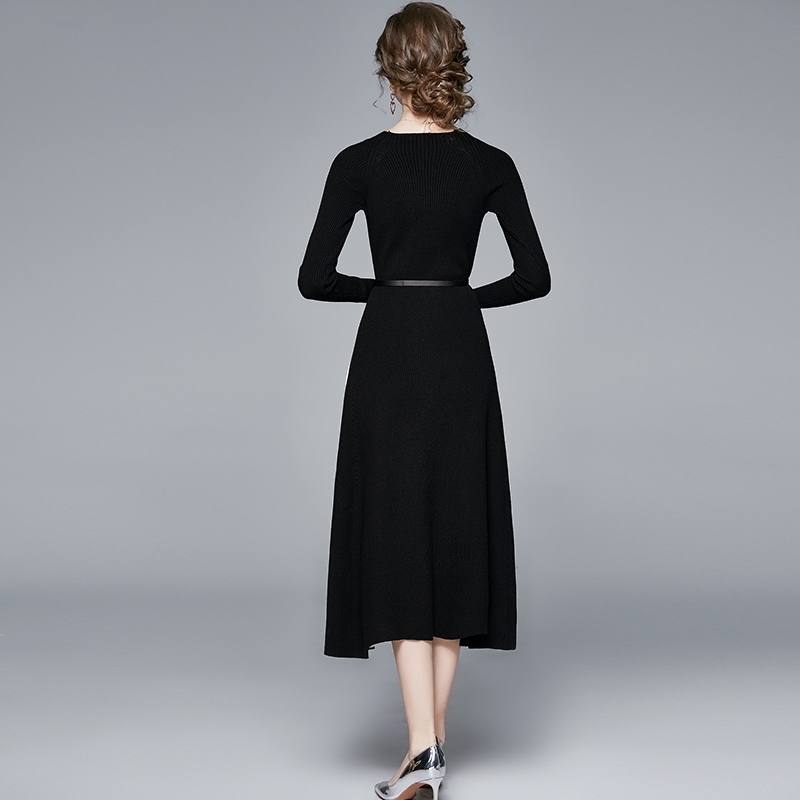 Catwalk Fashion Retro Knitting Long Sleeve Loose Splicing Gradients Pleated skirt length Dress Spring Fall Women 210506