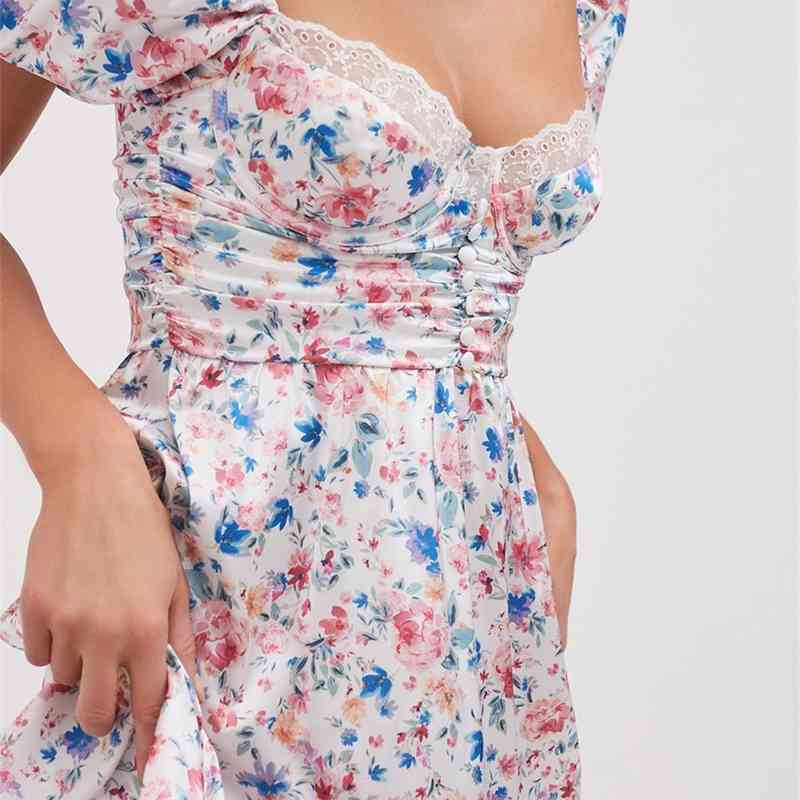 Summer Lace Square Collar Short Sleeve Floral Print Dress French A line Elegant Women Party Dresses Slim fit Vestido 210429