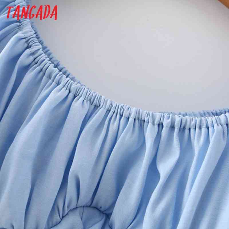 Women Retro Blue Pleated Crop Off Shoulder Short Sleeve Summer Chic Female Sexy Slim Shirt Tops 2M139 210416